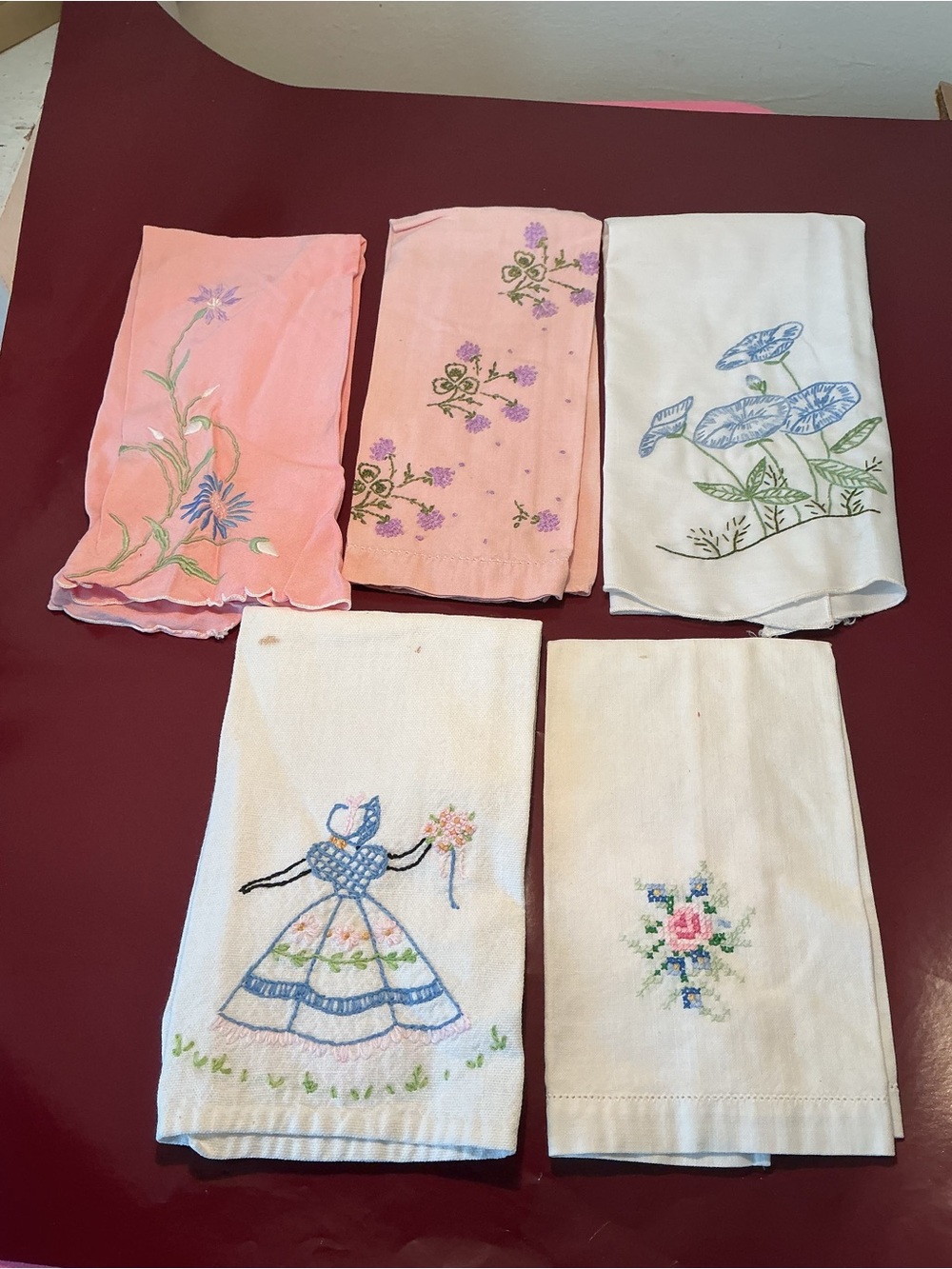 Embroidered Floral and Lady Cotton Hand Towels - Pink & White